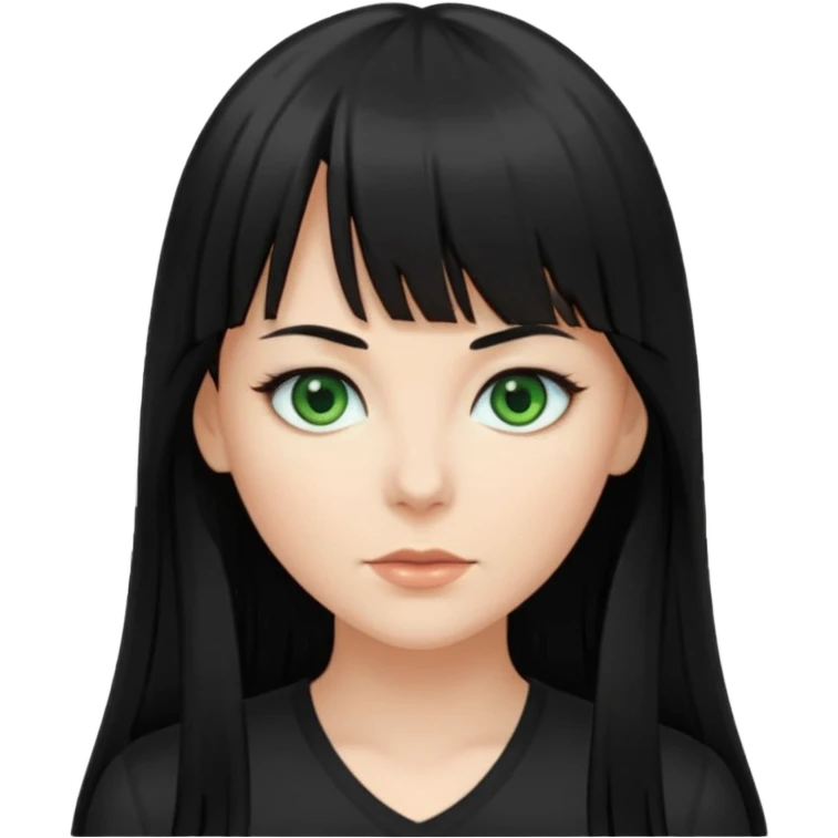 A white woman with Long straight hair with bangs, black hair, green eyes and a low-cut shirt emoji