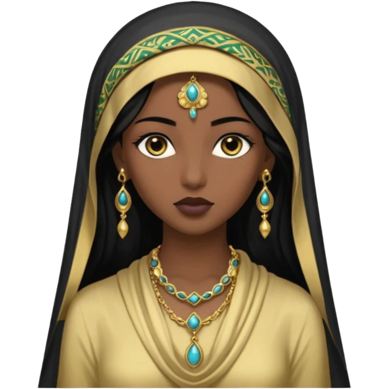  Mujer joven, morena, de gran belleza y porte misterioso.
Ojos grandes y negros, mirada intensa y fija; labios marcados.
-Cabello: Negro, largo y brillante, suele ir cubierto parcialmente por un velo o pañuelo oriental. Cuerpo conpletoVestimenta: Ropa de inspiración arabe brazaletes y pendientes.
 emoji