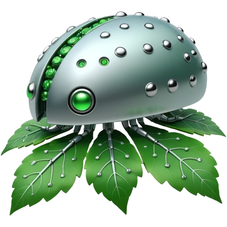 3D render of Nanobot Cloud, futuristic cyborg aesthetic, fusion of organic skin and chrome metal, swarm of tiny silver dots eating a green leaf, isolated on white background --v 6.0. emoji