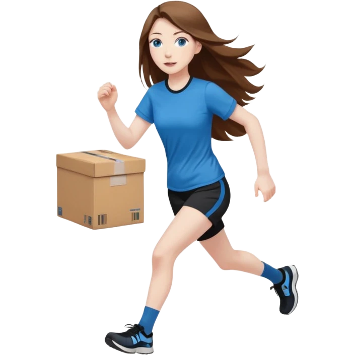full length of a young woman with pale skin, long brown hair and blue eyes. She is wearing an Amazon company shirt with long black shorts. She is running outside with her arms full of Amazon boxes emoji