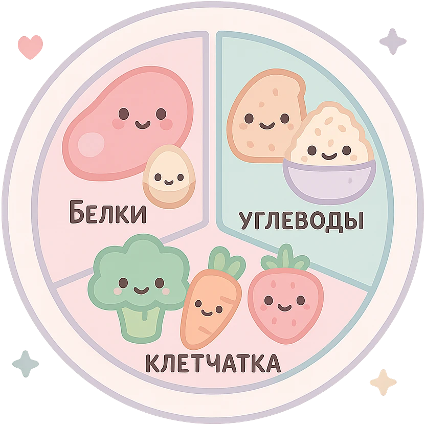 Гарвардская тарелка с тремя секциями: белки, углеводы, клетчатка, яркие и милые иллюстрации продуктов в каждой секции, без руки, аккуратные надписи на русском, мягкие цвета, чистый белый фон, без лишних деталей emoji