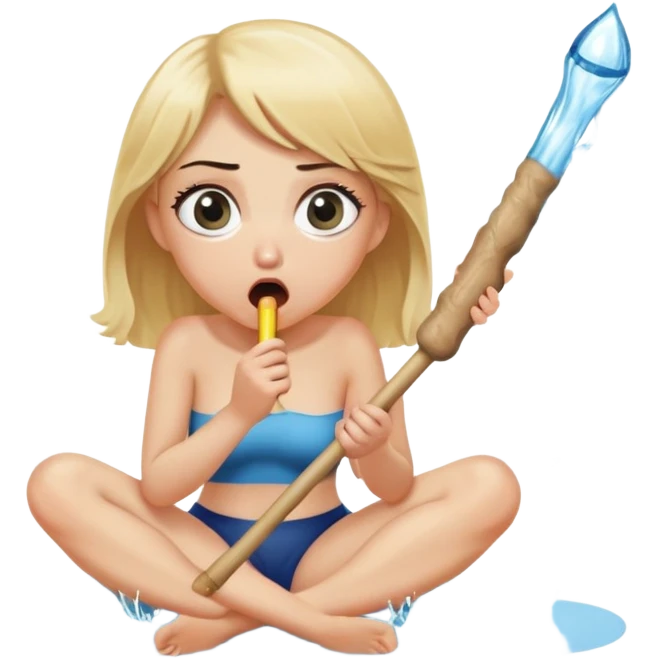 blond woman sitting on her knees with wide eyes, holding a wide skin-colored stick with a D-shaped knob, the knob has skin texture, water squirting from the flat side of the knob into her mouth, shocked face emoji
