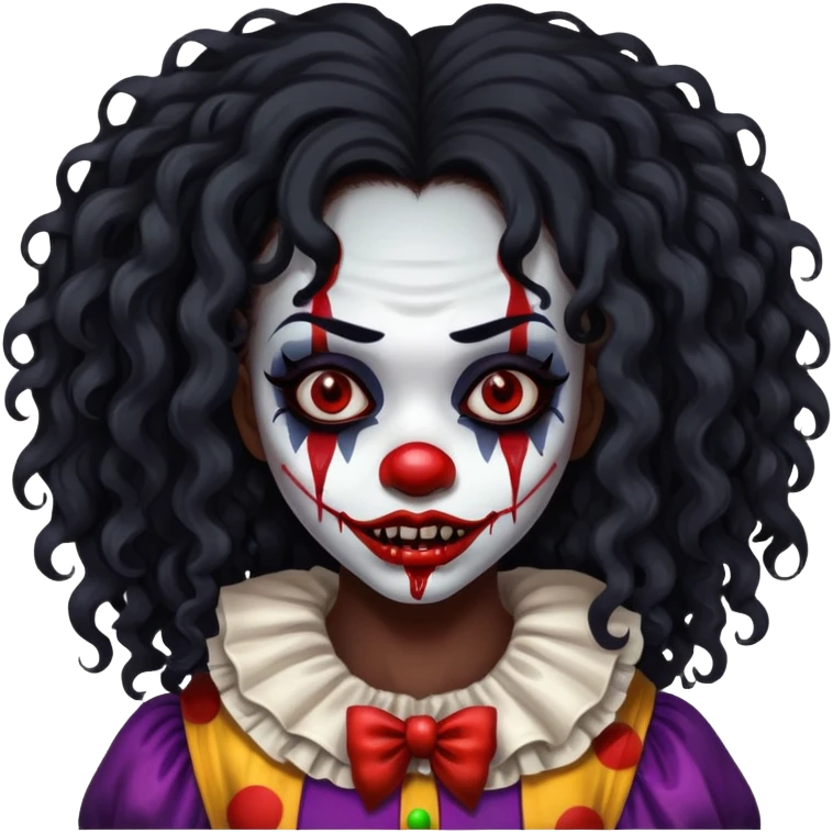 black girl long curly black hair with scary clown horror face blood emoji
