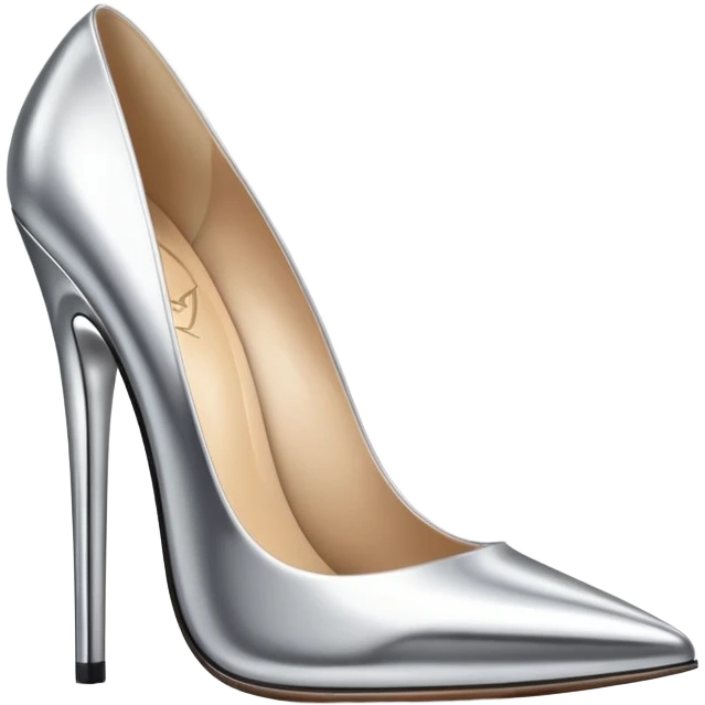A pair of high heel shoes emoji made of polished silver chrome, elegant sharp silhouette, smooth metallic surface, glossy reflections, luxury sexy vibe, minimalistic iOS emoji style, centered, clean white background emoji