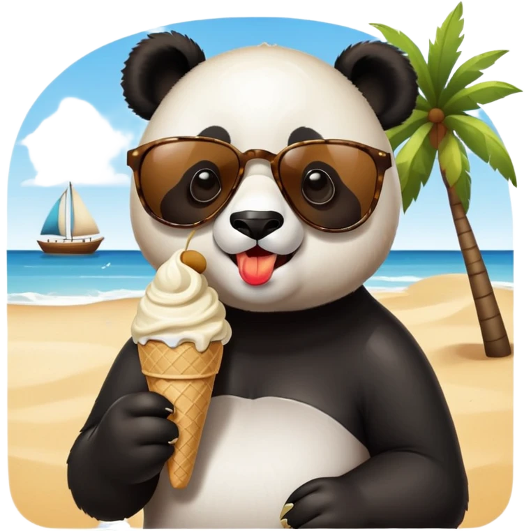 Panda with sunglasses that eat an ice cream on the beach  emoji