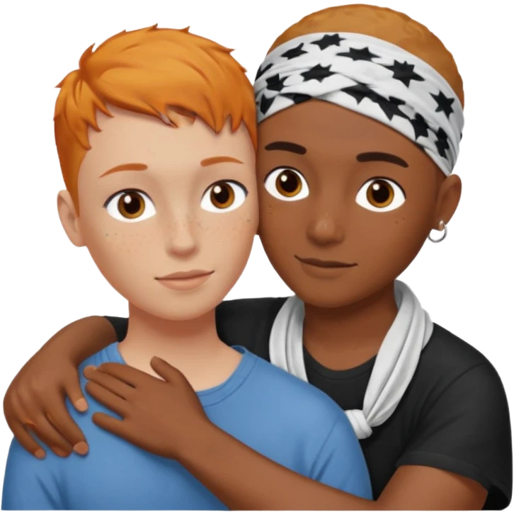 Two people hugging, brown guy with a buzzed cut and bandana, and a white woman with ginger hair emoji