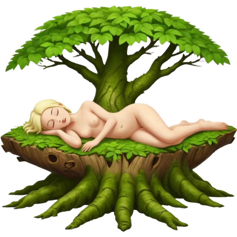 A full body naked women Make this character Lying down on a green mossy tree trunk in a deep rainforest. Connecting the nature with her eyes closed.shinrin yoku forest bathing emoji