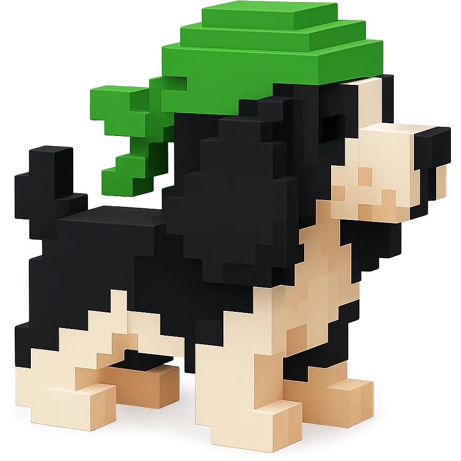 A black and white Russian Cocker Spaniel puppy wearing a green durag, voxel style, facing left emoji