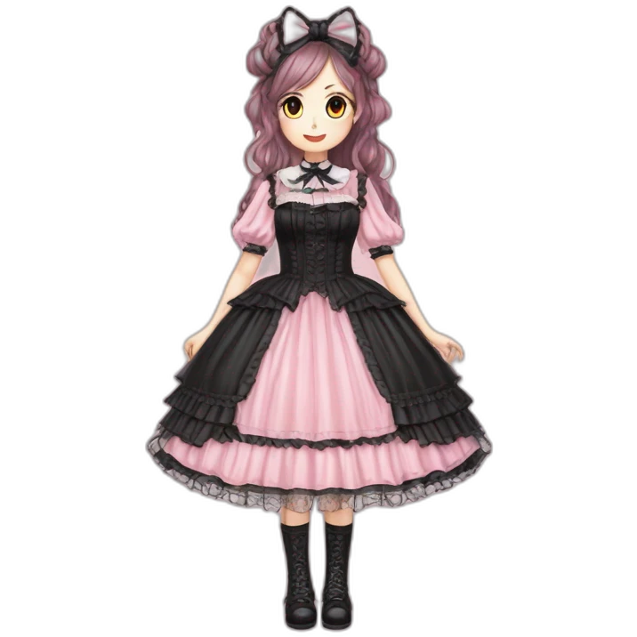 Vestido rosa pastel y negro gothic lolita, cuerpo completo, piel morena, pelo largo y rojo emoji