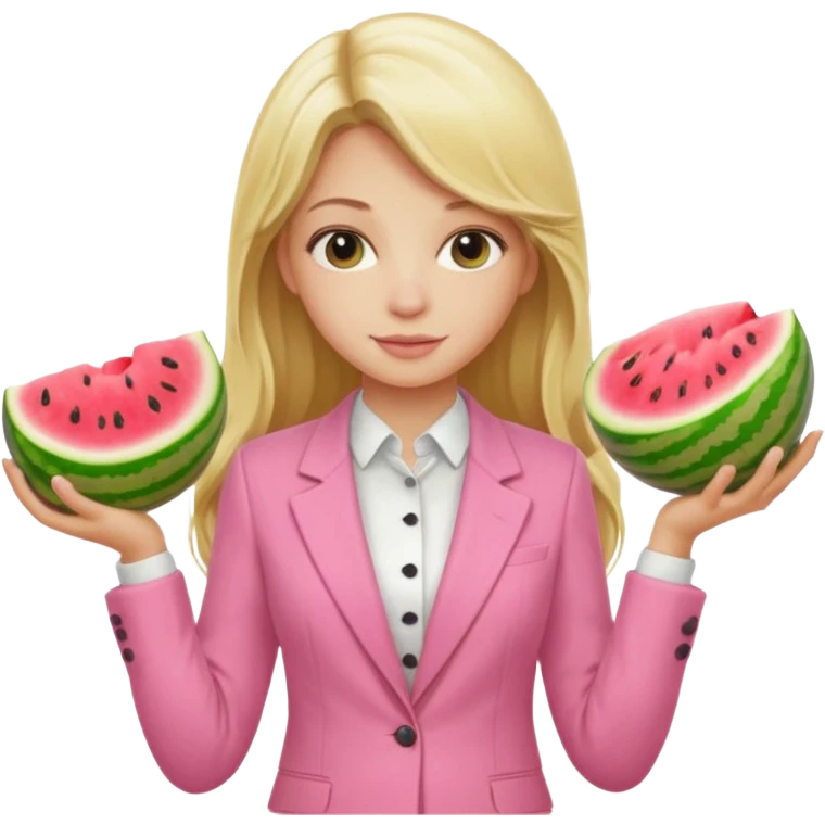 Blond Girl with Long hair in a pink suit holding whole melons in front of her chefs emoji