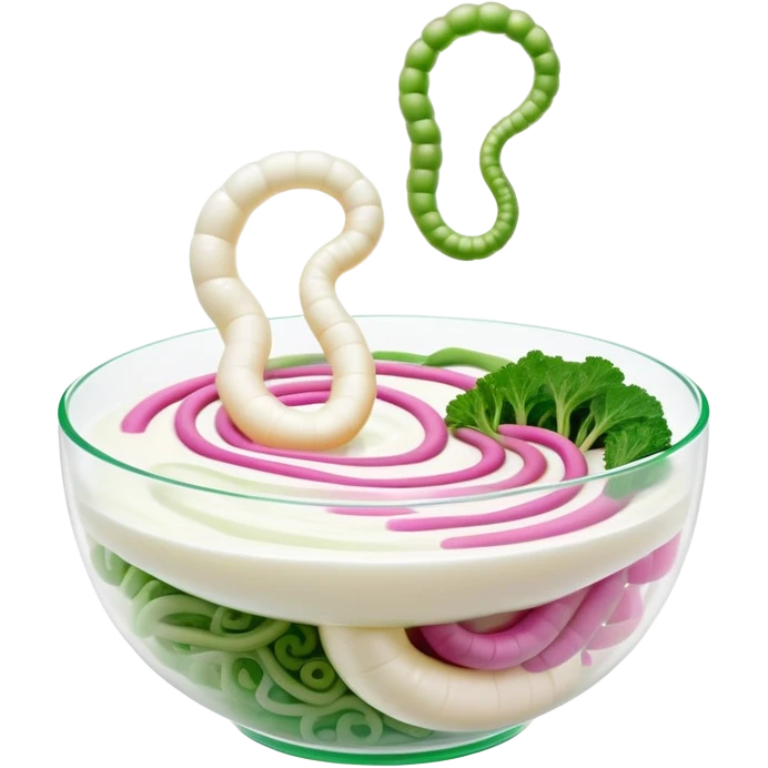 Ethereal bowl of bright white yogurt, translucent fermented vegetables, and golden bubbles gently floating around a luminous spiral intestine, vibrating in green and pink tones of balance and life. The scene shows probiotic foods connecting with and nourishing a glowing digestive system. emoji