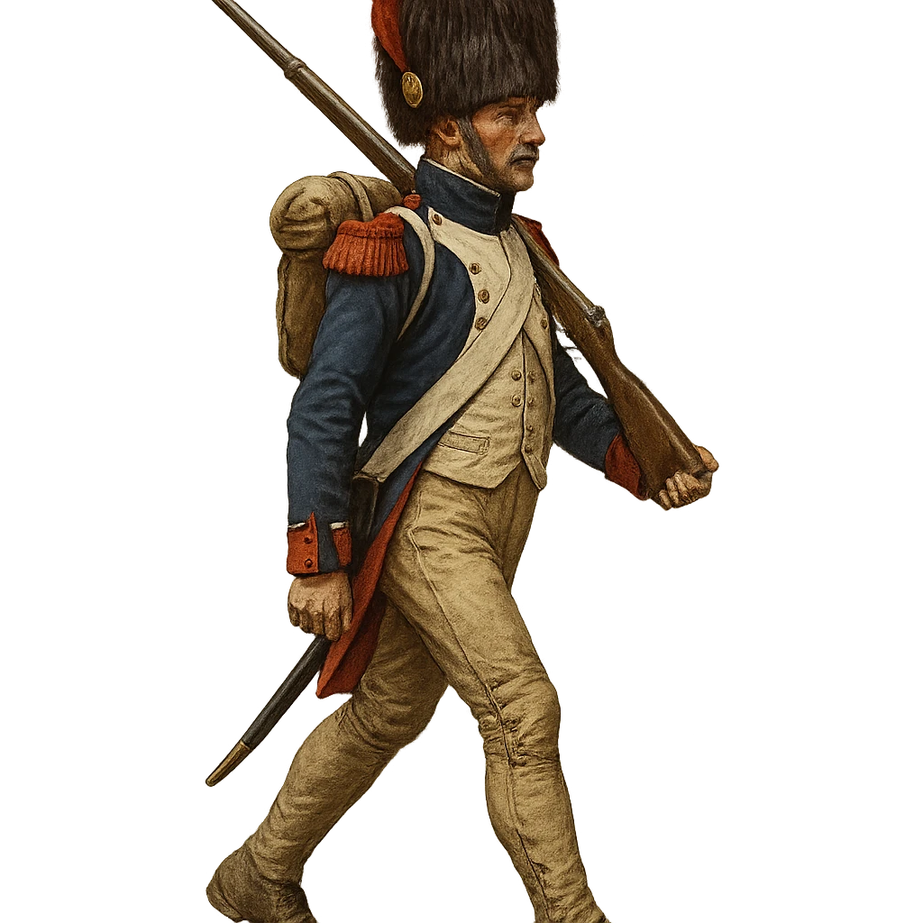 Vieille Garde soldier, Napoleonic era, marching, blue and red uniform, tall bearskin hat, historical emoji