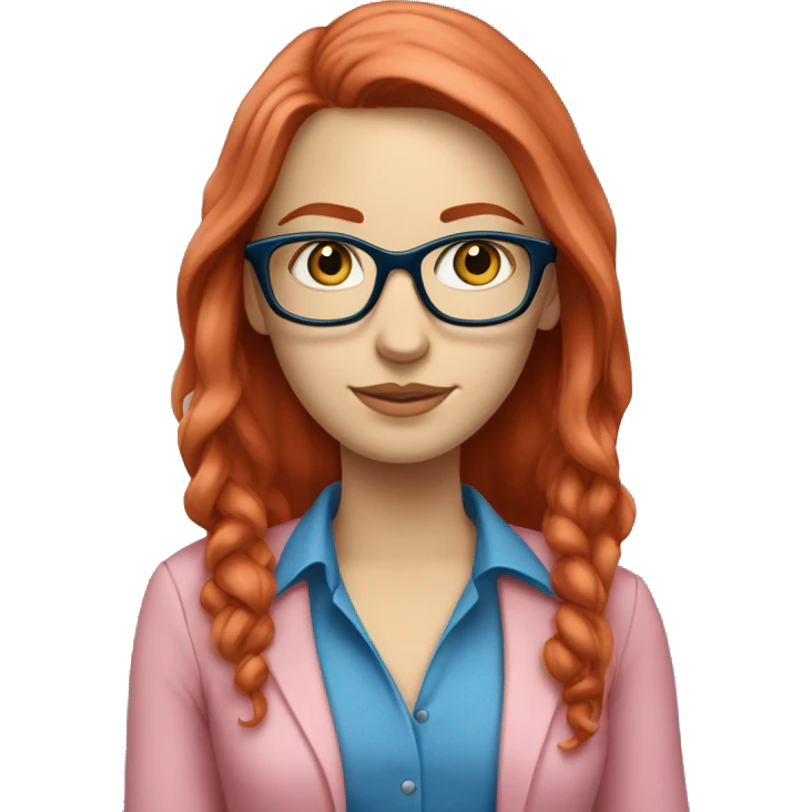 White-girl-with-long-hair-red-head-eyes-blue-wearing-glasses-blouse-formal-pink emoji