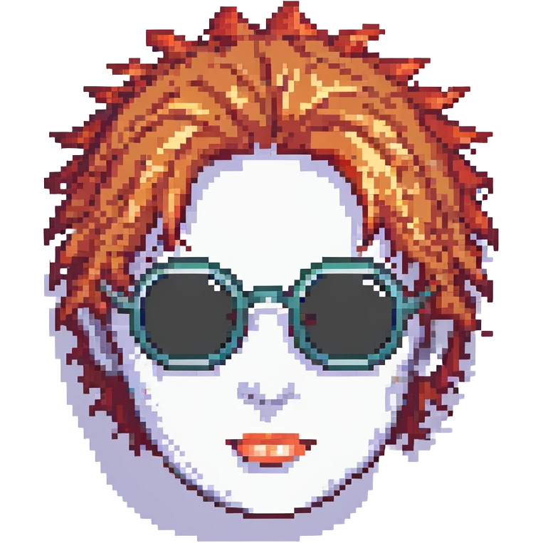 pixel art face with spiky red hair and round sunglasses emoji