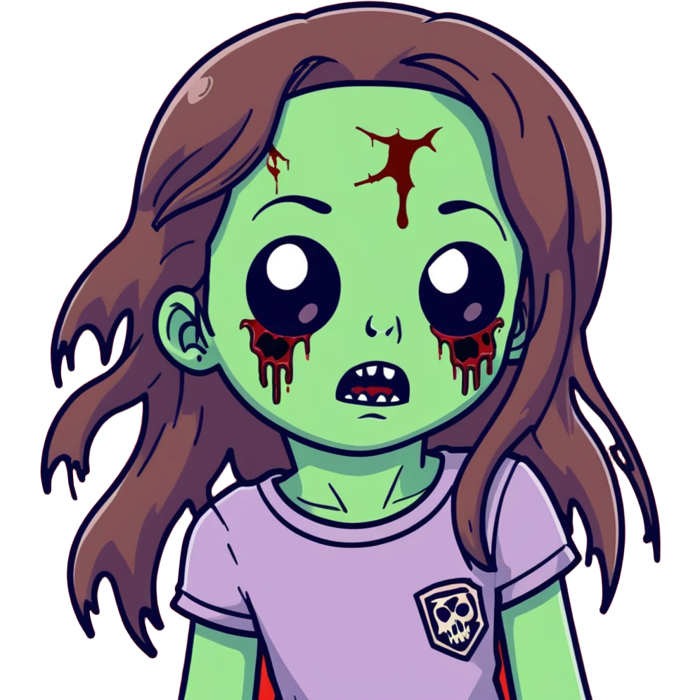 Girl zombie with long flowing brown hair, decaying pale green skin, and creepy undead expression emoji