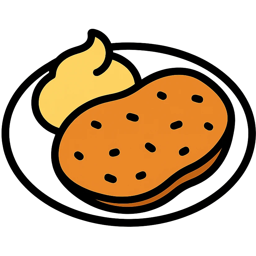 plato de milanesa con puré, el puré junto a la milanesa en el mismo plato, a modo de acompañamiento, icono colorido y simple emoji