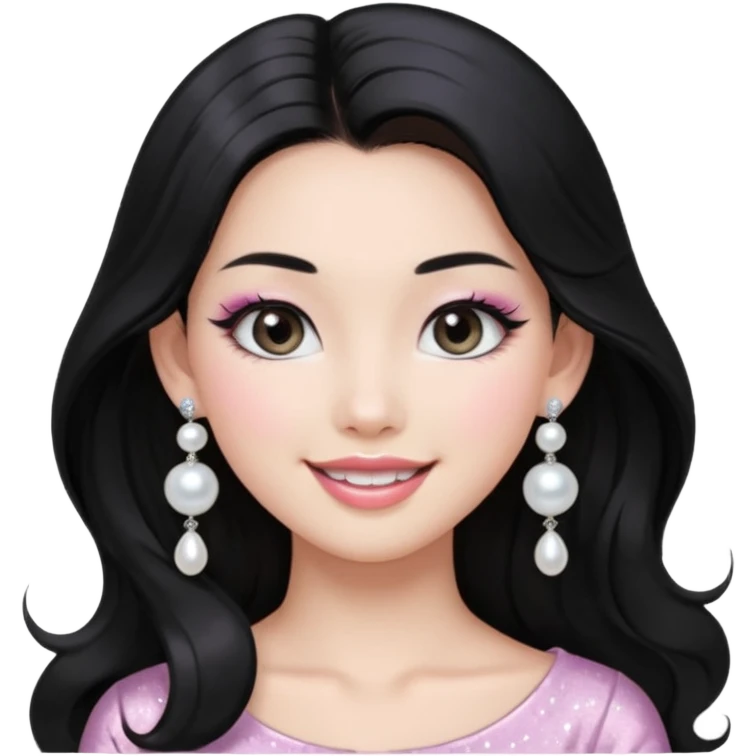 asian long voluminous black hair silver grey eyes glossy lips glittery white and light pink eyeshadow girl pearl earrings emoji