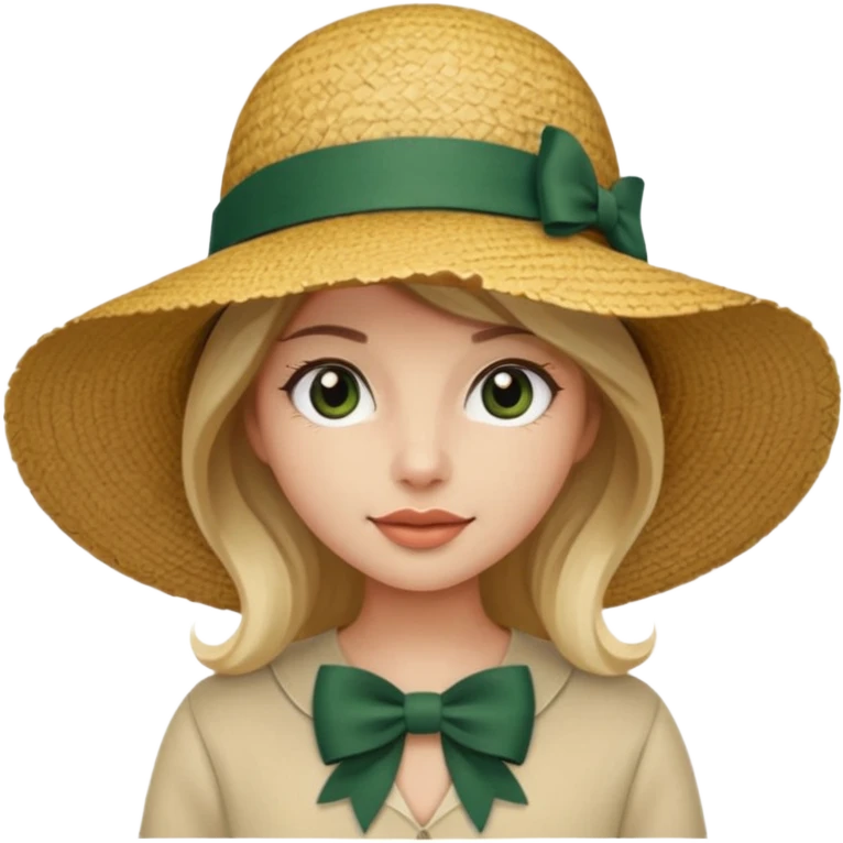light beige women's straw hat with large brim and dark green bow emoji
