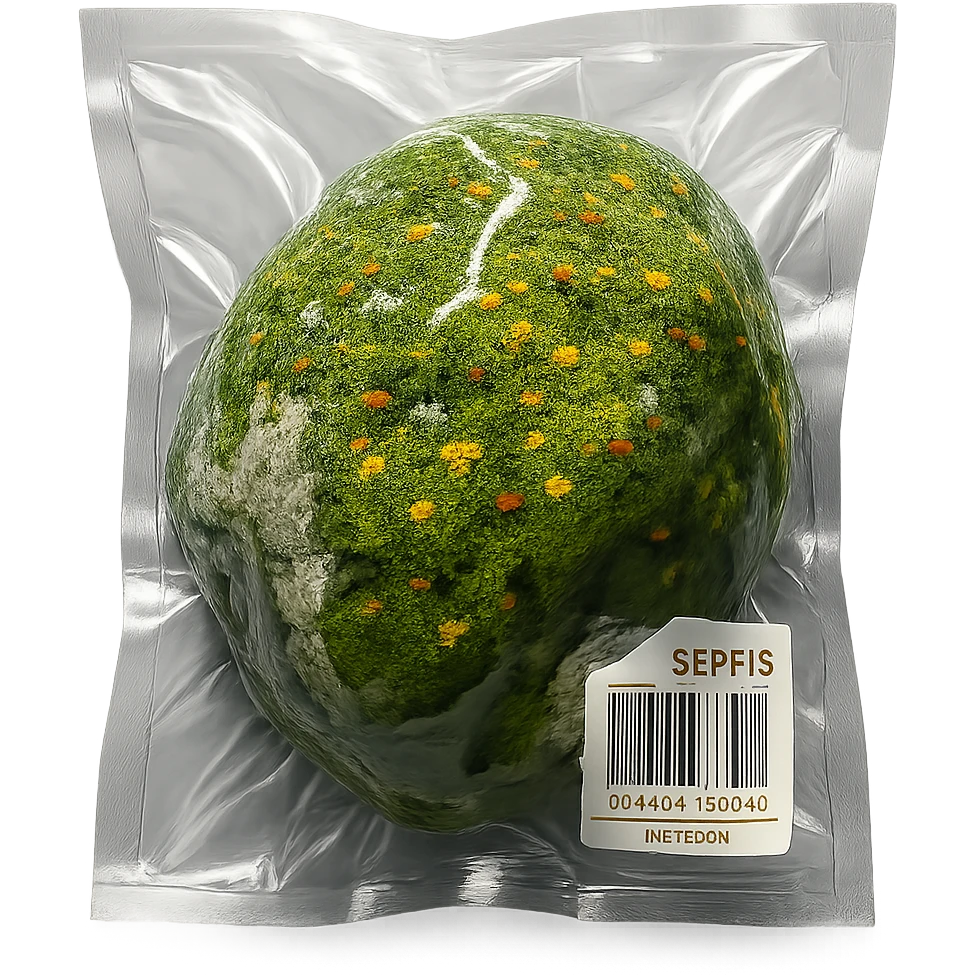 light gray rock covered with green moss and tiny multicolored flowers, shiny and inflated emoji