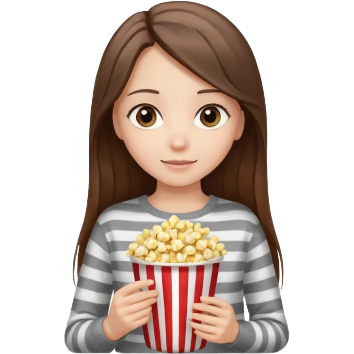 girl with straight long hair, striped light sweater, gray gray eyes, holding popcorn in her hands emoji