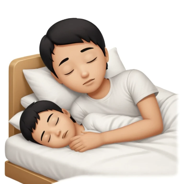 indonesian asian boy black hair wearing white tshirt, is sleeping on white bed emoji
