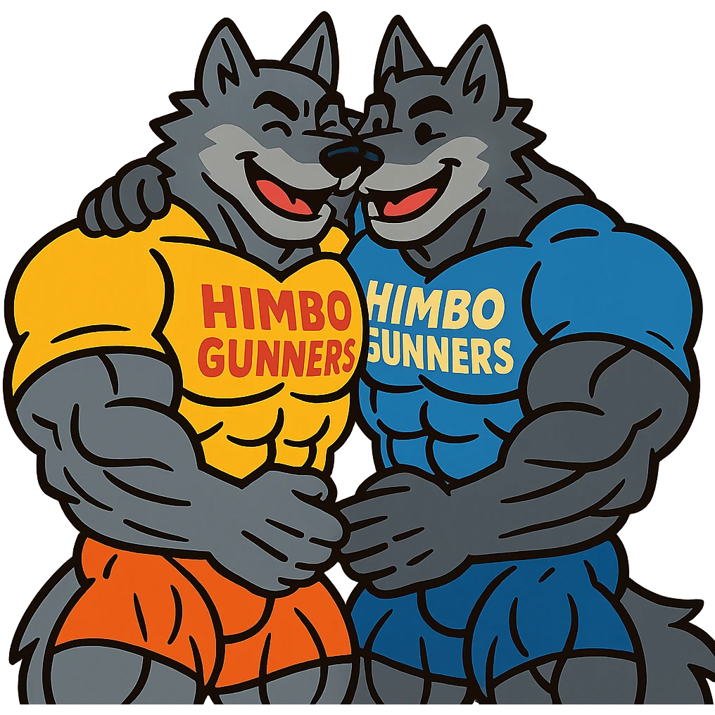 two extremely muscular wolf furries with exaggerated muscles, wearing t-shirts that say 'Himbo gunners', hugging each other, friendly and joyful expressions, highly defined physiques emoji