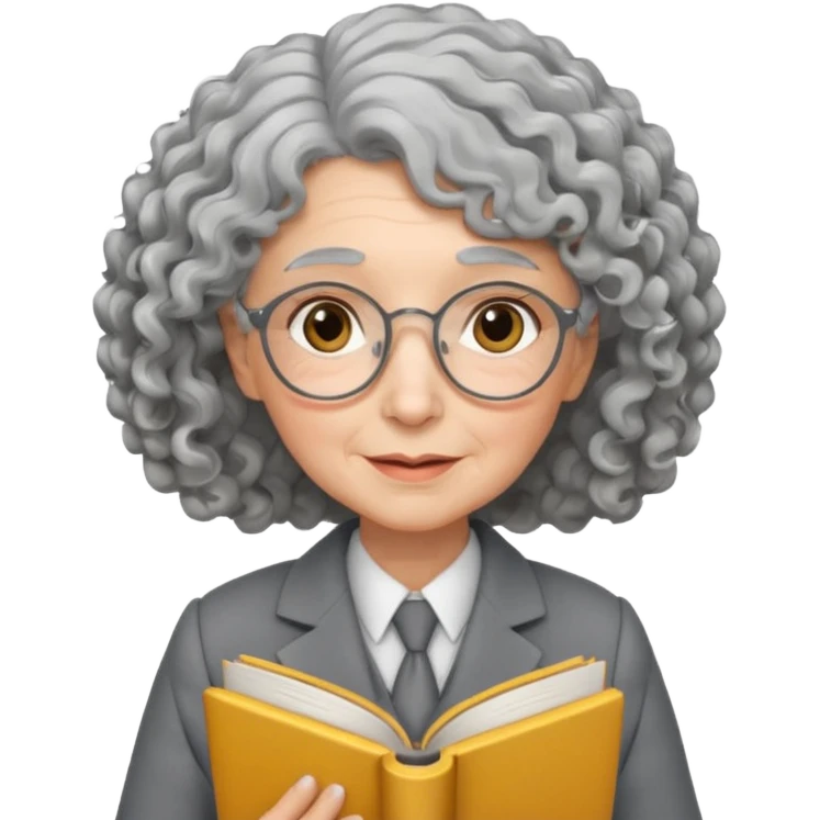 elderly female, curly hair, holding book, wearing gray suit emoji
