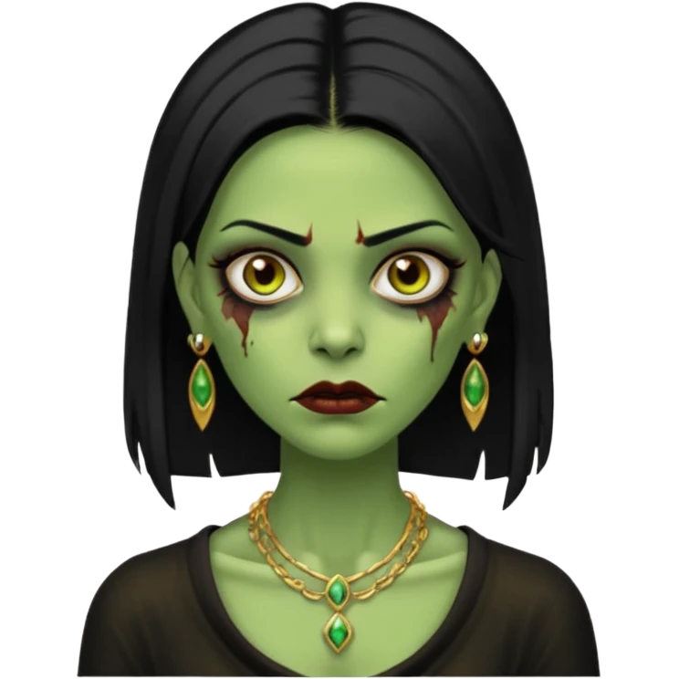 Faça uma zombie mulher bonita verde com olhos castanhos cabelos pretos partido ao meio liso, com estilo y2k e ouro emoji