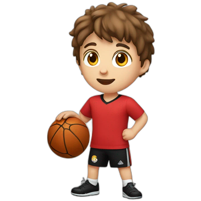 WHITE CHILD, BROWN HAIR, STRAIGHT WITH RED SHIRT AND BLACK SHORTS PLAYING BALL emoji