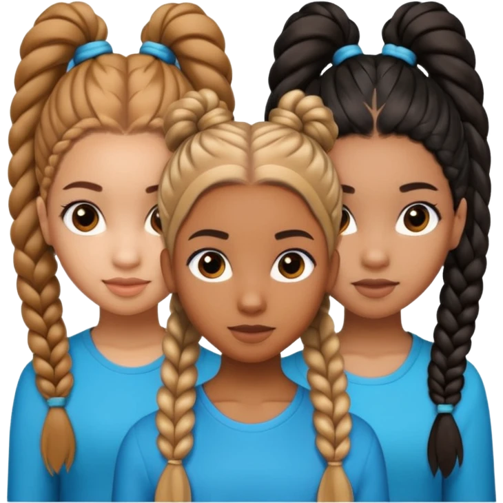 3 black teenage girls. One with shoulder length long curly hair and a little light skinned. One with Carmel skin with two long straight ponytails. One a little darker with 6 straight back braids going into buns in the back emoji