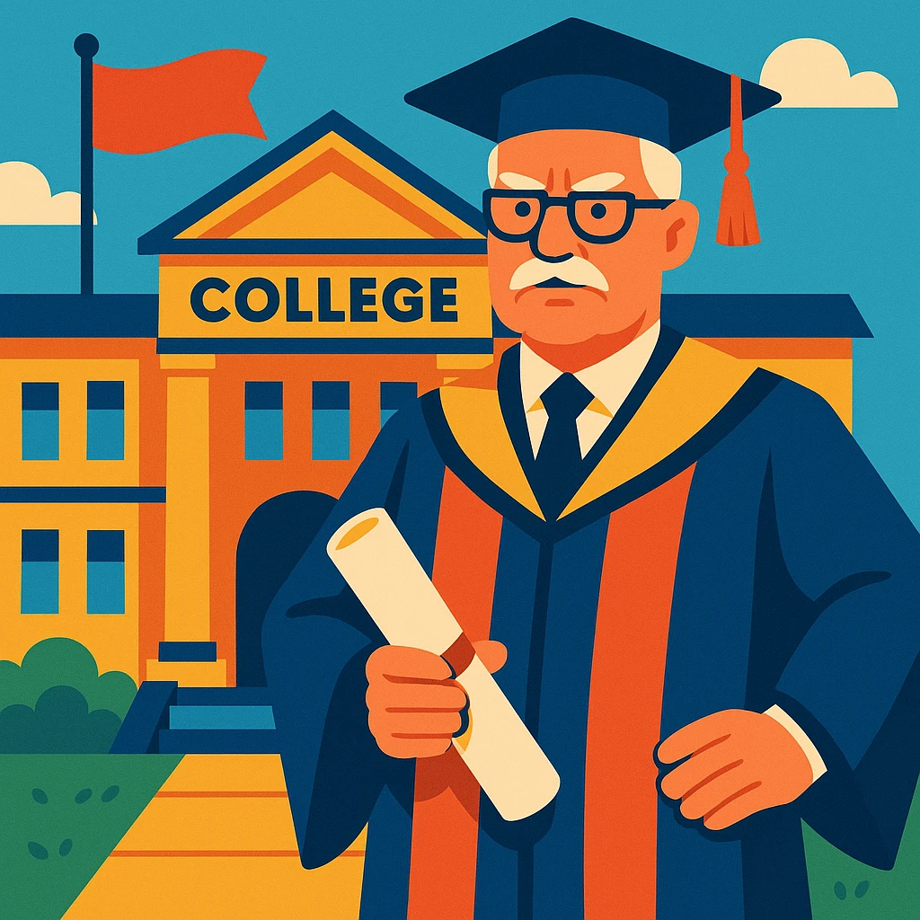 A ceremonial college director standing at the entrance of the college holding a scroll or diploma, with the college building and a flag in the background, exuding authority and quality. emoji