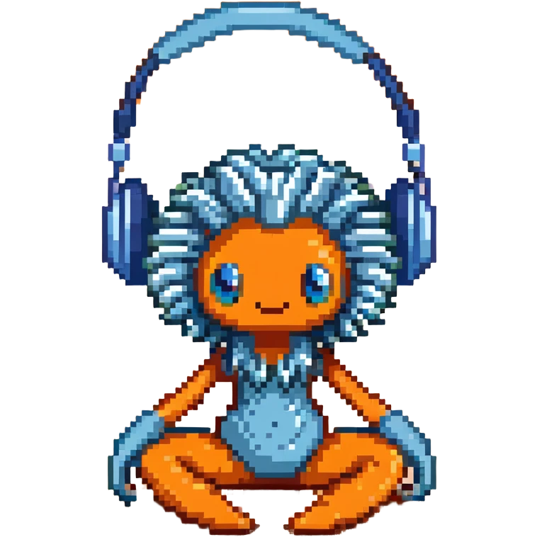 light blue sea anemone with arms, listening to music with headphones, sitting on sand emoji