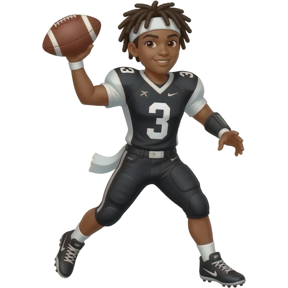 Brown skin teenager with dreads with black and white jersey #3 black shorts #3 Nike cleats with arm sleeve throwing football emoji