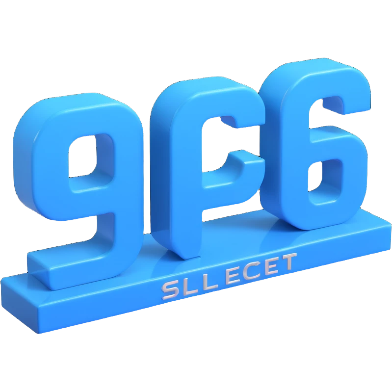 3D logo with 'Select' text, glossy blue and silver, futuristic style, floating effect emoji
