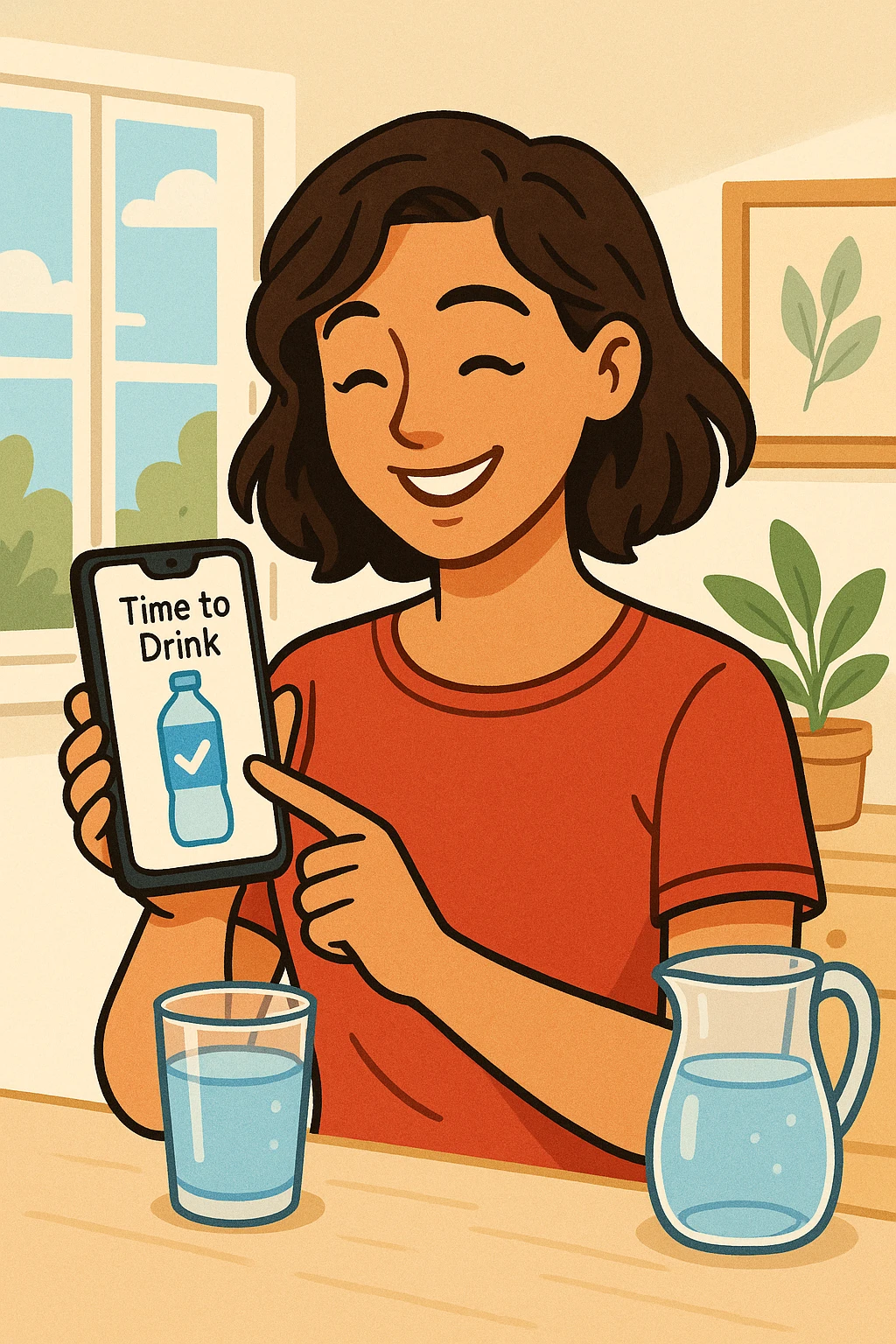 Donna che usa App per ricordarsi di bere, altrimenti non beve mai in italiano emoji