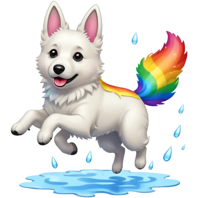 White belgian Shepard jumping over Rain puddles. There is a rainbow in the sky emoji