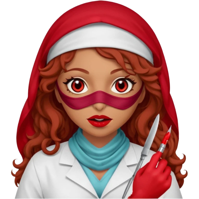 Lilith scalpel in hand, evil surgeon sexy surgeon clothes.  She has red eyes. She brown long curly hair. Wears sexy doctor outfit with red gloves.hair is free and brown  Wears red burka to hide her mouth and nose emoji