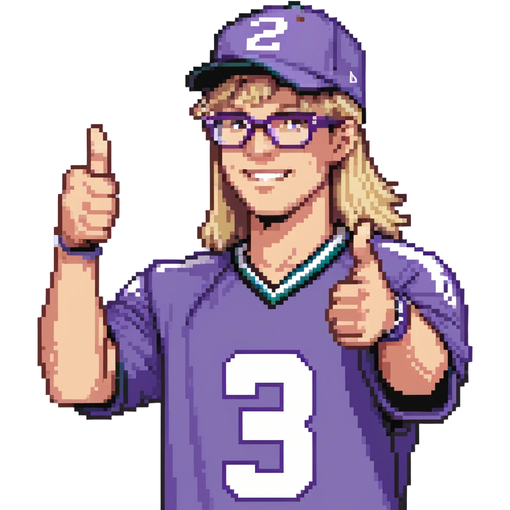 Man with black and white cap, purple sports jersey with number 32, clear glasses, light blond mullet hairstyle, thumbs up gesture emoji