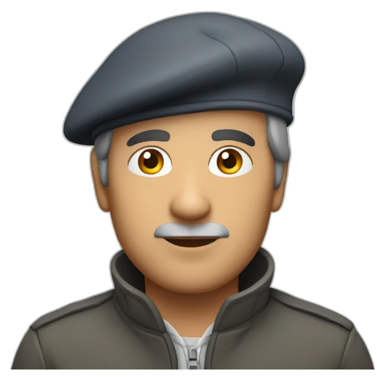 Grey photo of a middle aged man looking up while wearing a jacket and a beret emoji