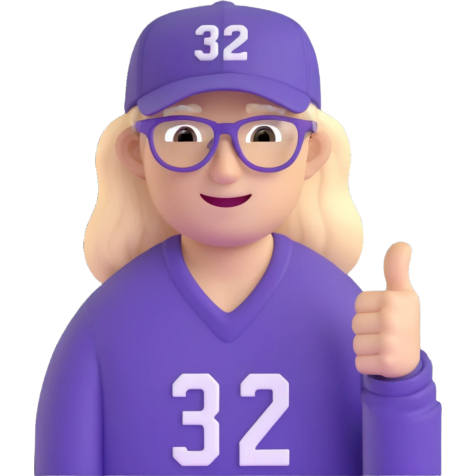 Man with black and white cap, purple sports jersey with number 32, clear glasses, light blond mullet hairstyle, thumbs up emoji