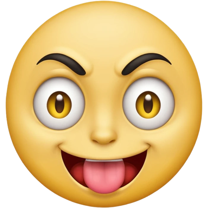 A yellow round face emoji smirking with its tounge out but the eyes are evil and kind of crazy and the eyebrows are turned  emoji