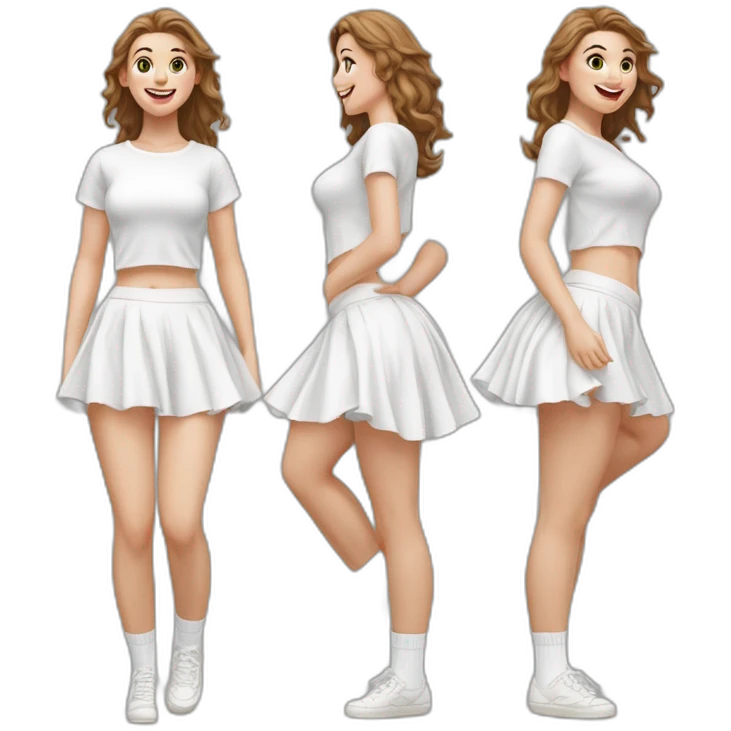 Hyperrealistic Full body Caucasian curvy beauty jumping short white skirt back and front views strong wind knickers long white socks emoji