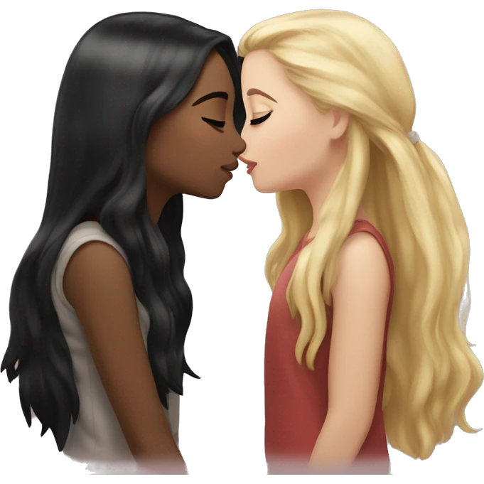A girl kissing another girl on the cheek, both are blushing. They both have white skin and long black hair emoji