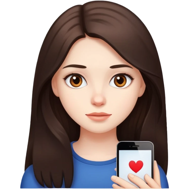 girl with long dark brown hair brown eyes and pale skin looking at dating app emoji