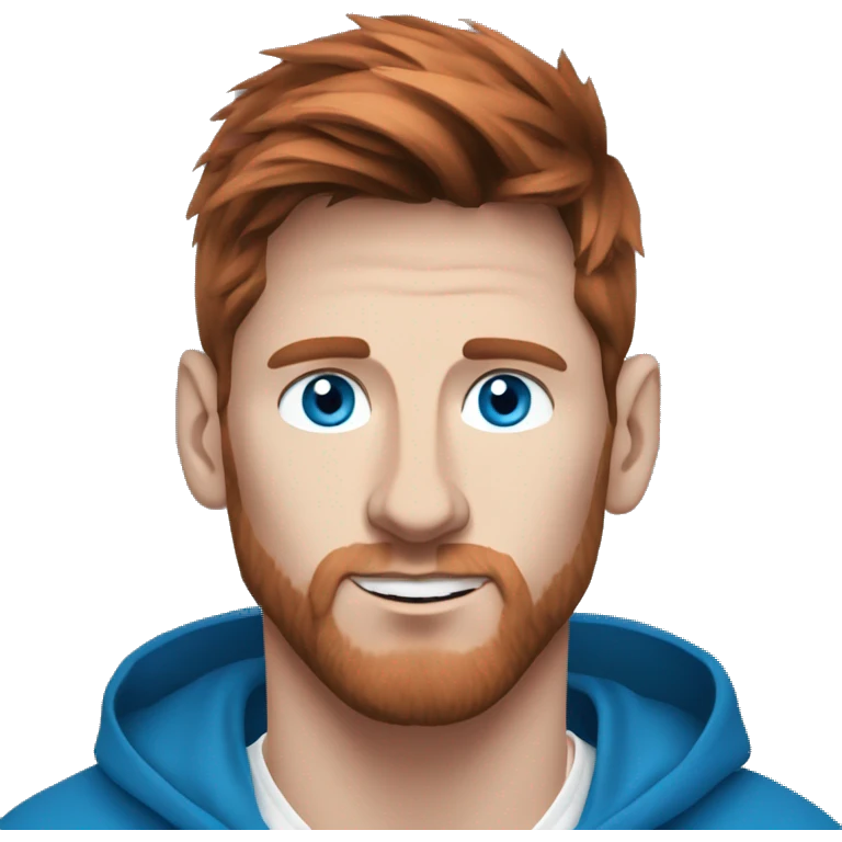 messi with a blue goat, blue eyes, puma hoodie, reddish hair emoji
