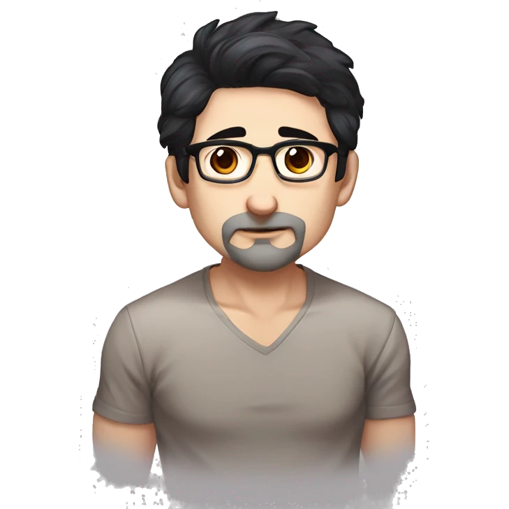 masterpiece, anime style, chibi, illustrated logo, emote for twitch of a 46 year old man, oval face, black hair, wrinkles on forehead, brown eyes, white skin, inky shirt, short hair, glasses, working in his computer
 emoji