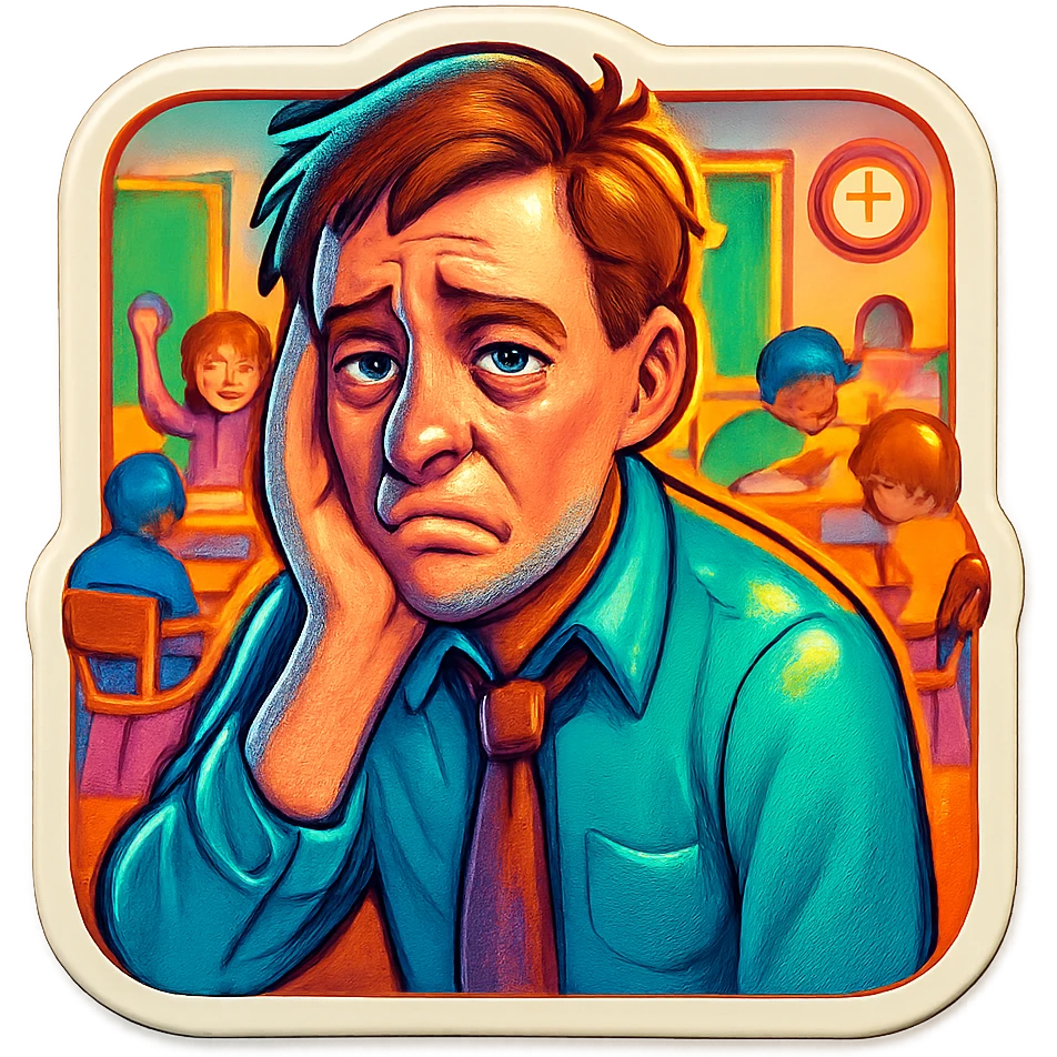 exhausted teacher in a bustling classroom emoji