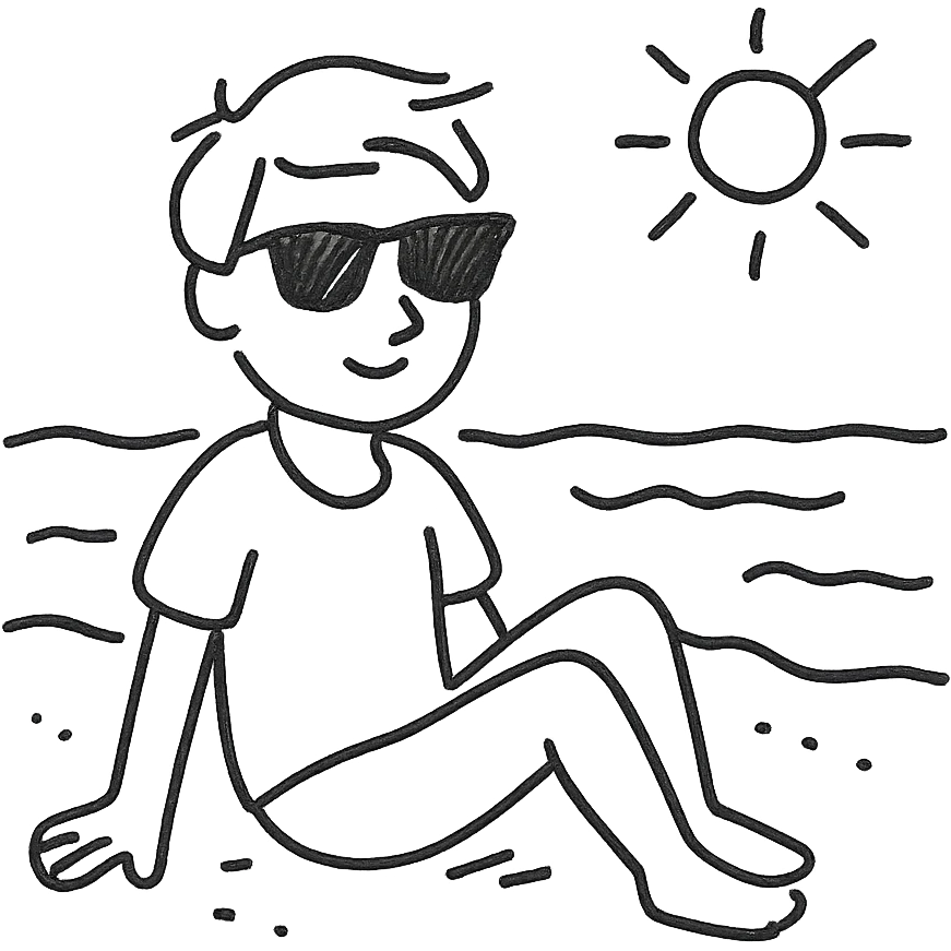 persona en una playa con gafas de sol, icono de líneas negras, sin relleno, estilo dibujado a mano emoji
