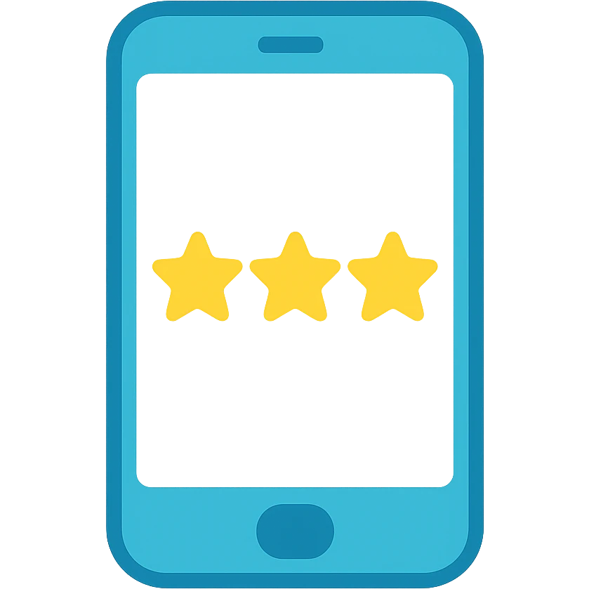 Smartphone icon with three yellow stars aligned in a row on the screen, flat emoji style, outline with blue and turquoise colors, screen filled solid white emoji