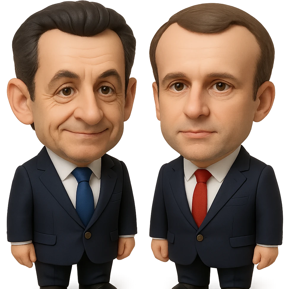 3D chibi caricature of Nicolas Sarkozy and Emmanuel Macron side by side, oversized heads, small realistic bodies, navy suits, Sarkozy with blue tie and slight smile, Macron with red tie and neutral expression, semi-realistic, soft shadows, accurate faces emoji